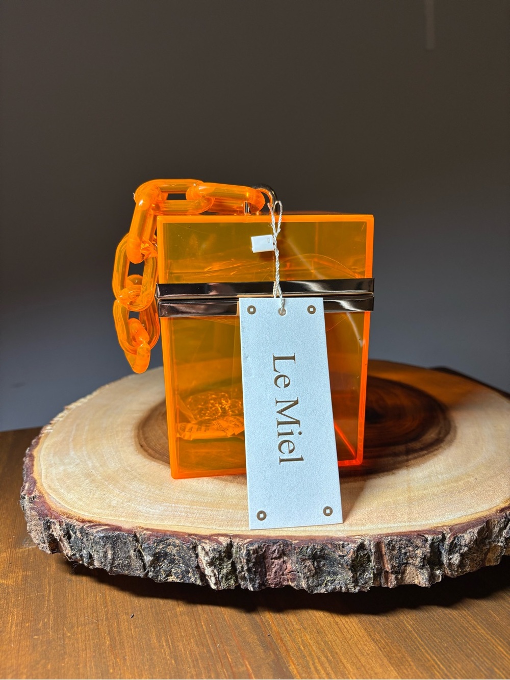 NWT Le Miel Neon Orange Acrylic Box Clutch Bag